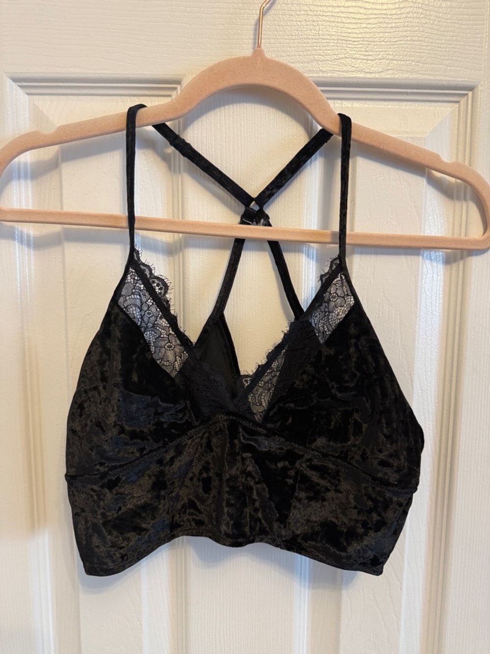aerie Black Velour and Lace Racerback Bralette Sz M